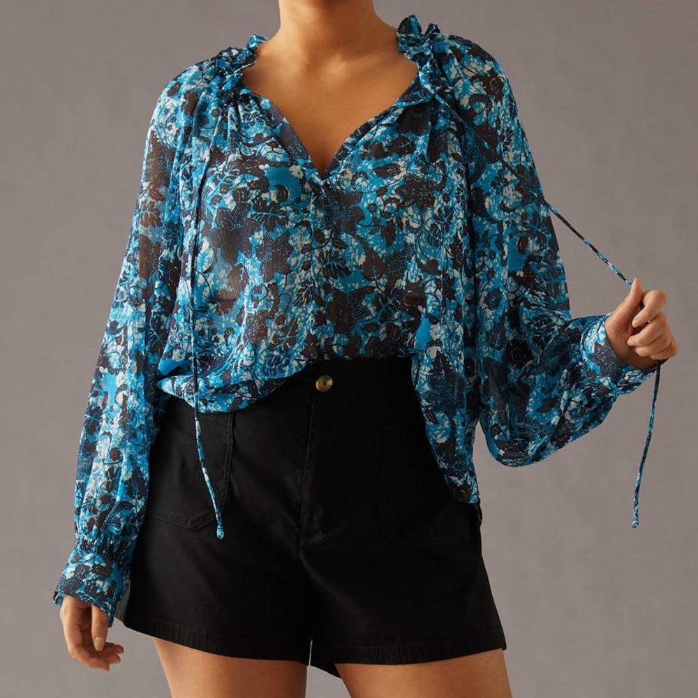 Anthropologie Women’s Blue/ Black Floral Tie Neck Sheer Long Sleeve Blouse Sz L